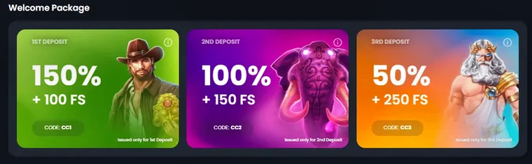 Crownz Casino — 1st: 150% up to €1,000 + 100 FS; 2nd: 100% up to €1,500 + 150 FS; 3rd: 50% up to €2,500 + 250 FS